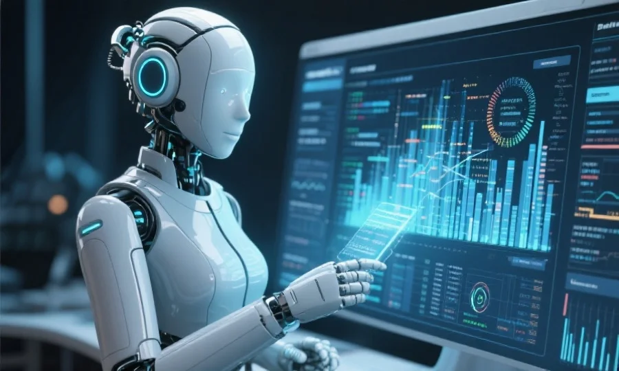 科技感十足的智能助手虚拟形象，正在分析大量数字数据，界面简洁现代